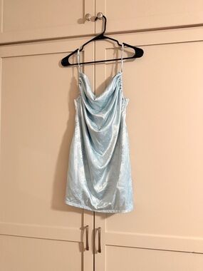 Light Blue Satin Slip Dress with Cowl Neck